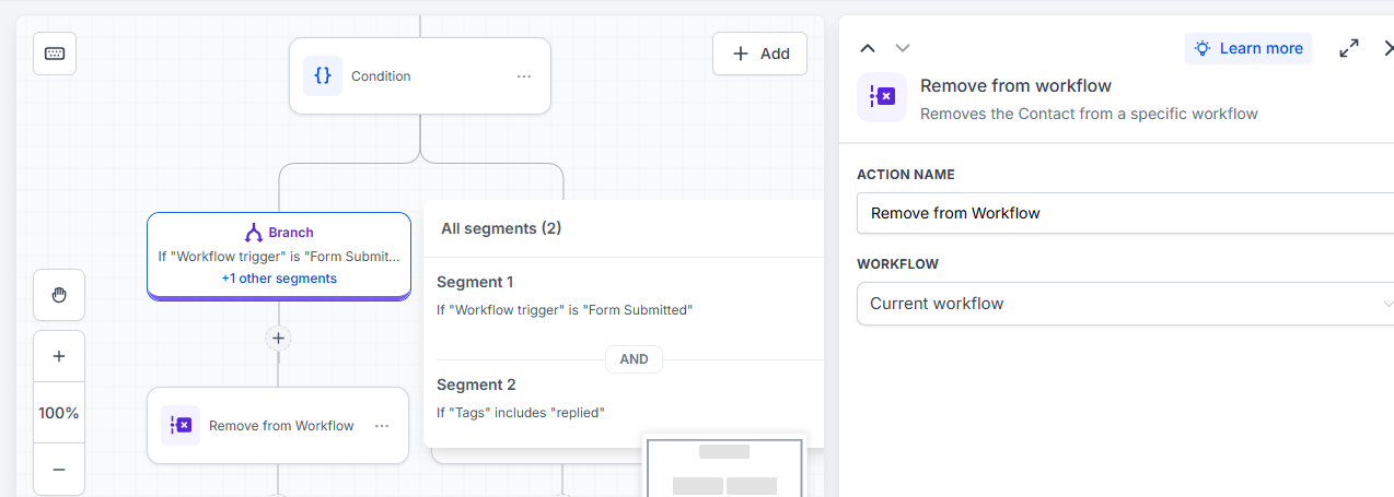Contacts tagged replied are removed from the workflow