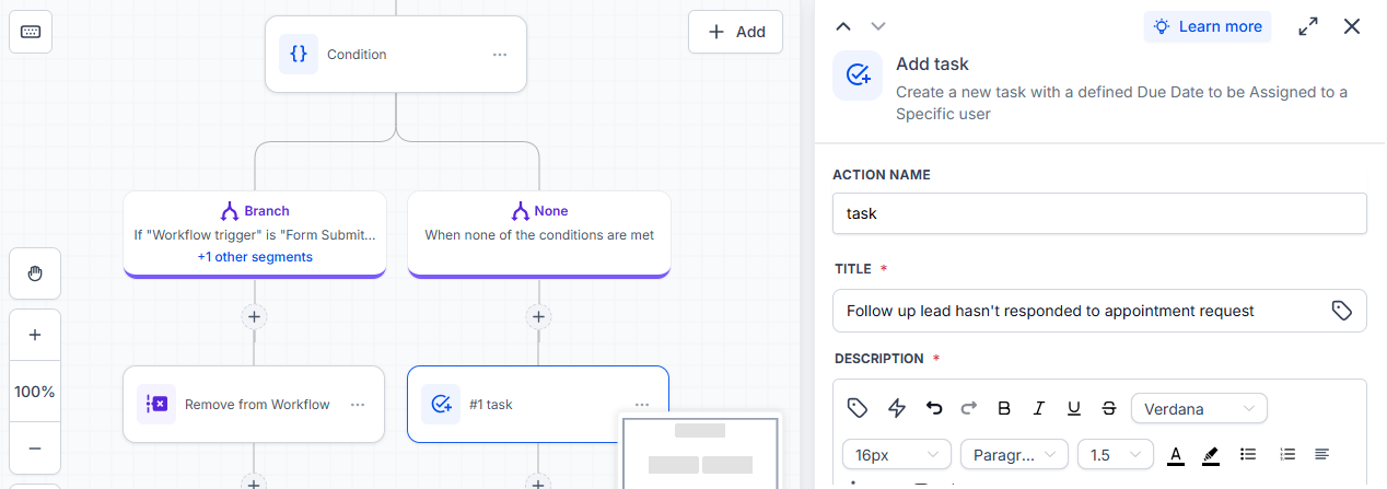 No reply branch creates a follow up task for the team
