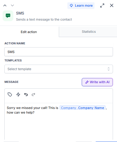 Text back message using the company name merge field