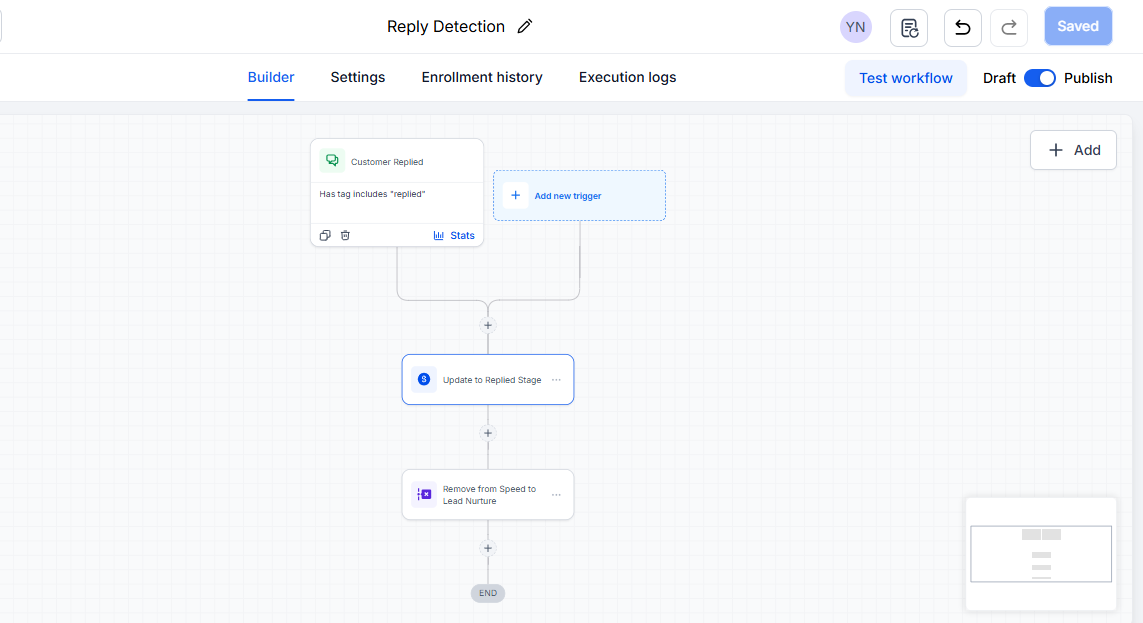 Reply detection workflow: updates the opportunity and stops the nurture