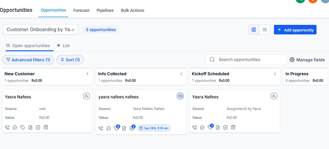 Customer Onboarding pipeline board with opportunities moving through the stages