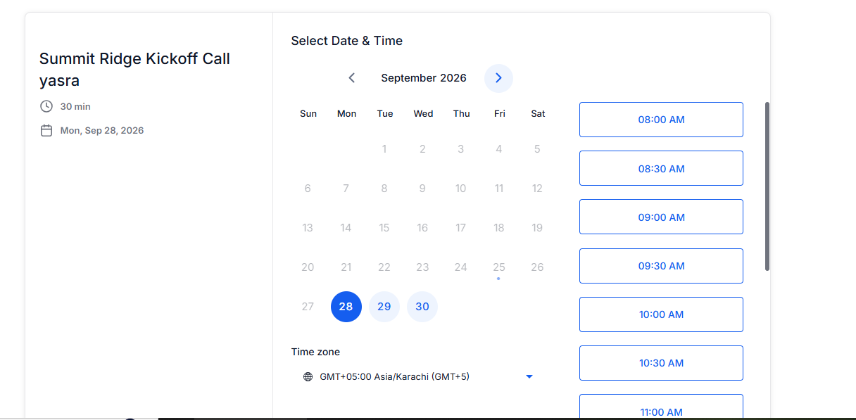 Customer facing calendar for the 30 minute kickoff call