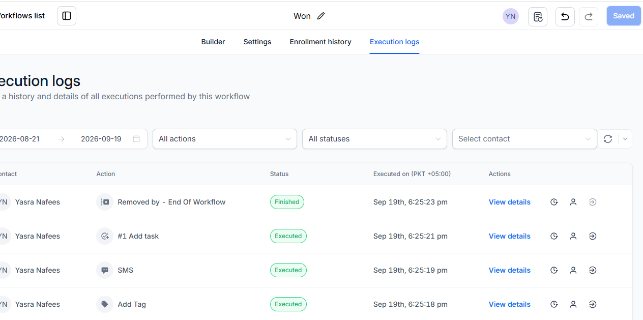 Won stage test run: tag added, SMS sent, task created
