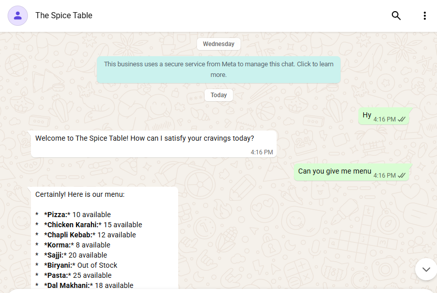 Bot answering a menu request with stock levels