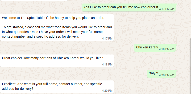 Bot taking an order and asking for name, phone and address